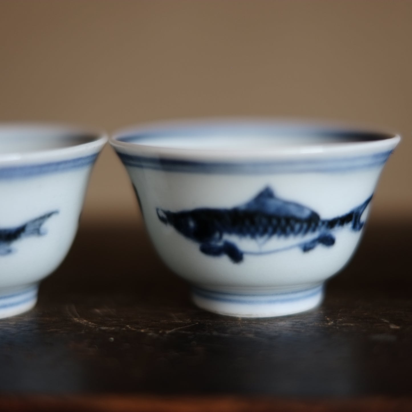 時代　青花　新渡染付魚図　茶杯　五客揃(清朝)