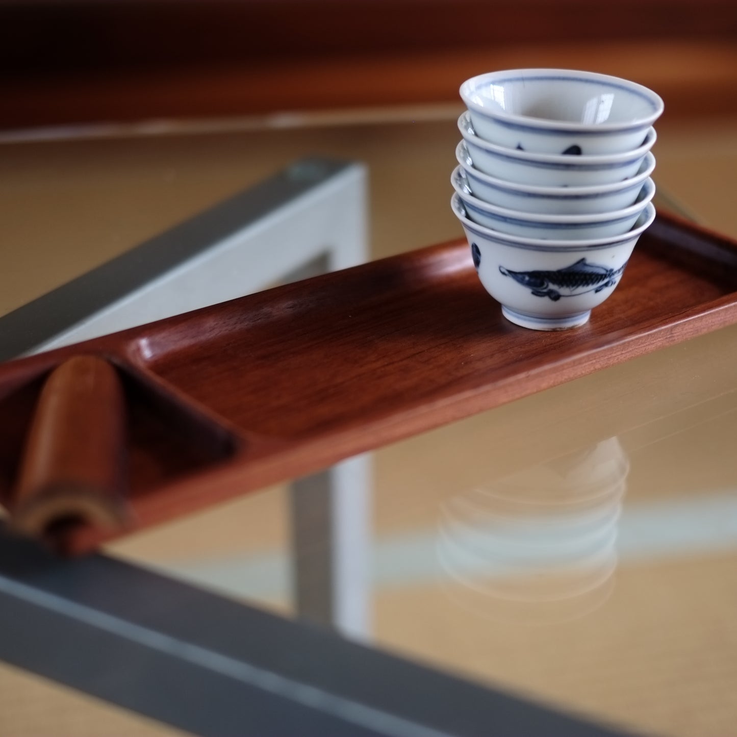 時代　青花　新渡染付魚図　茶杯　五客揃(清朝)