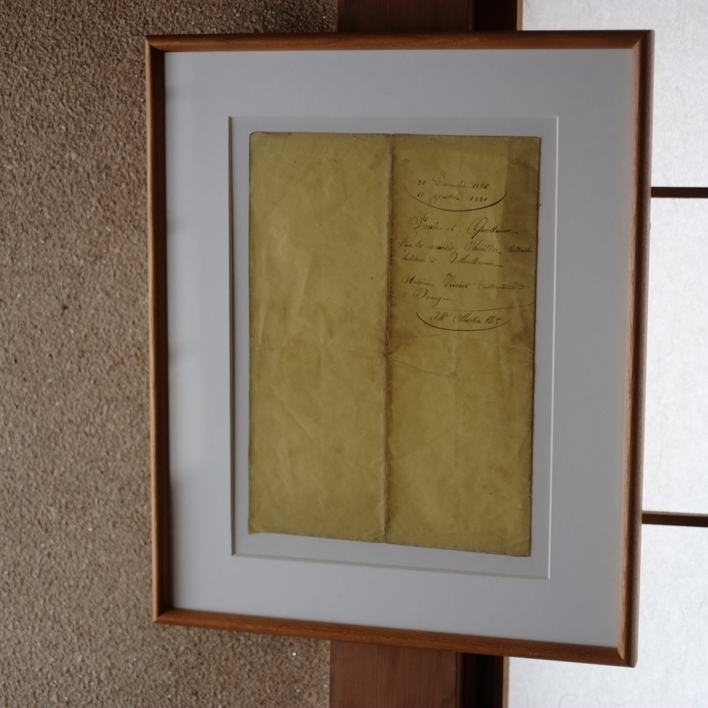 時代　フランス古文書表紙断簡 額装
Vente et Quittance
(1830〜1831年頃)