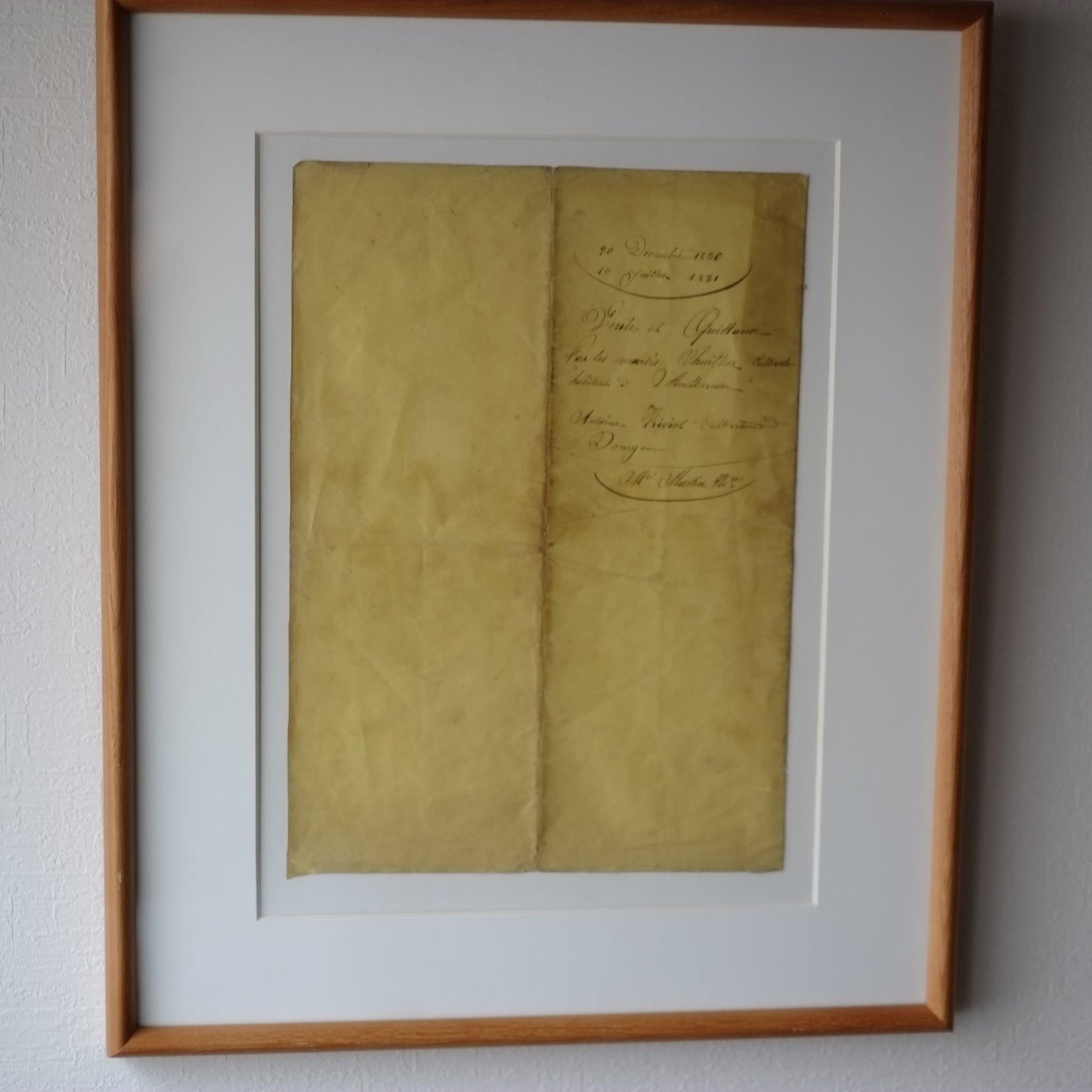 時代　フランス古文書表紙断簡 額装
Vente et Quittance
(1830〜1831年頃)