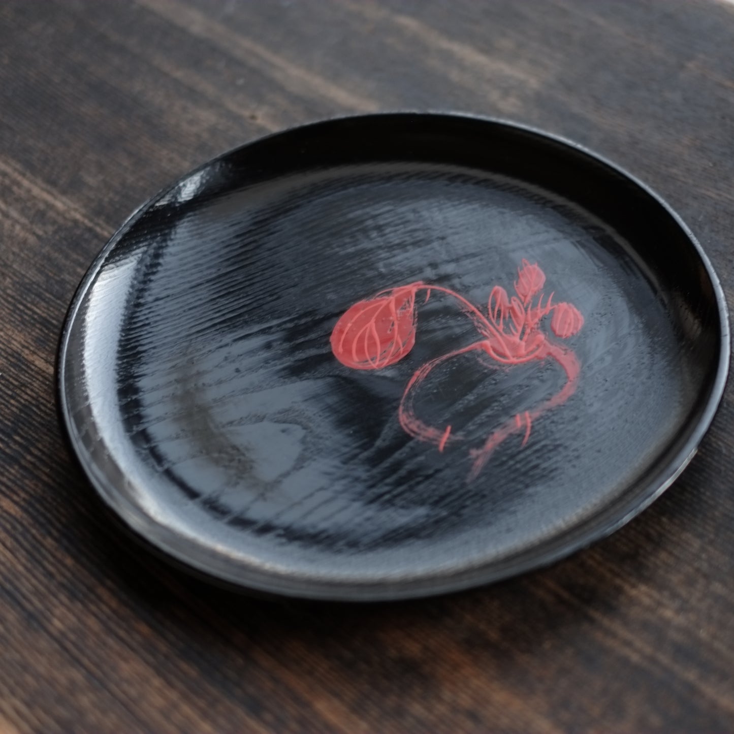 時代黒漆赤絵　桑名盆　紙証袋付　(明治末-戦前) 20世紀