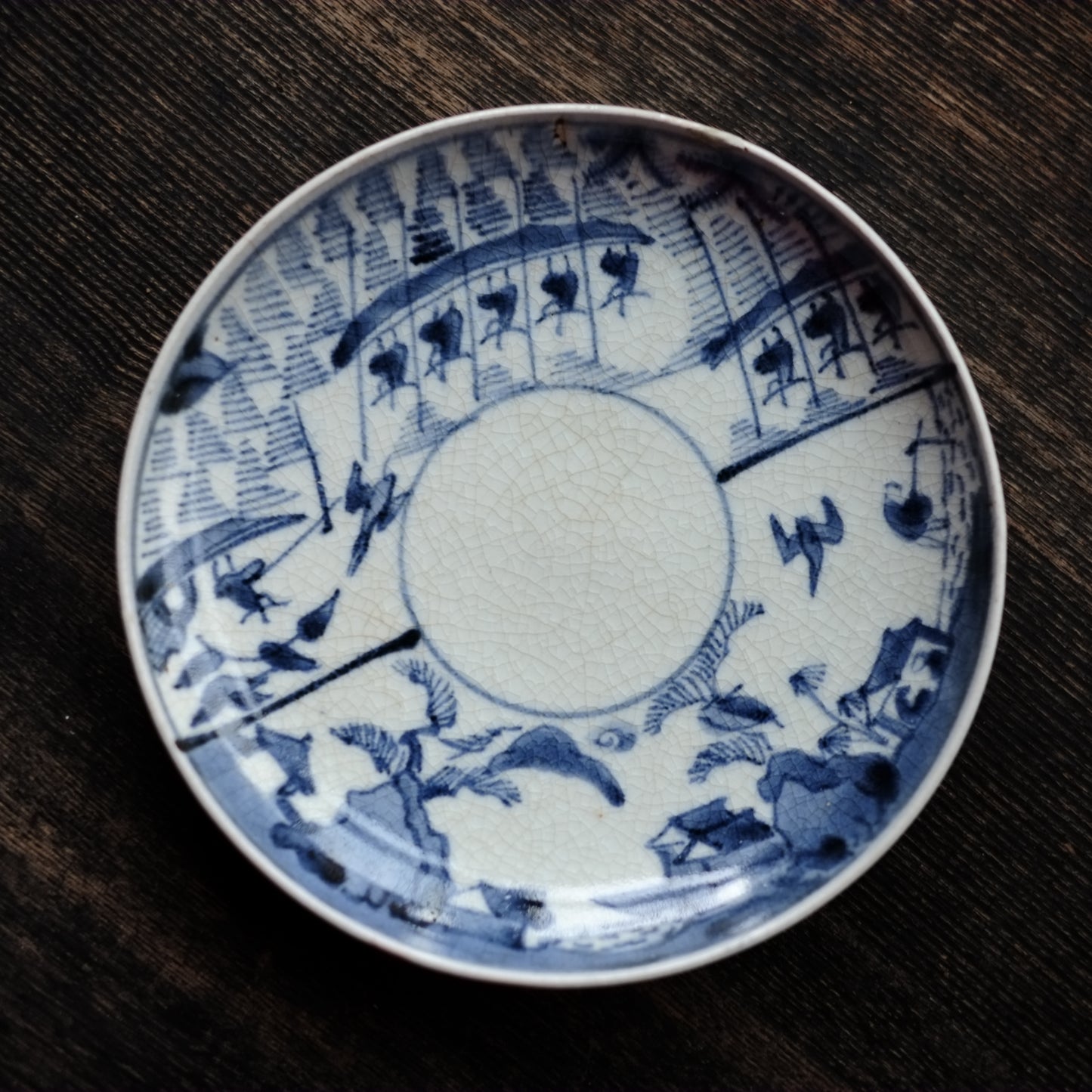 古伊万里　染付　山水鳥舟図　5.5寸皿　平皿　(江戸中期-18世紀末)