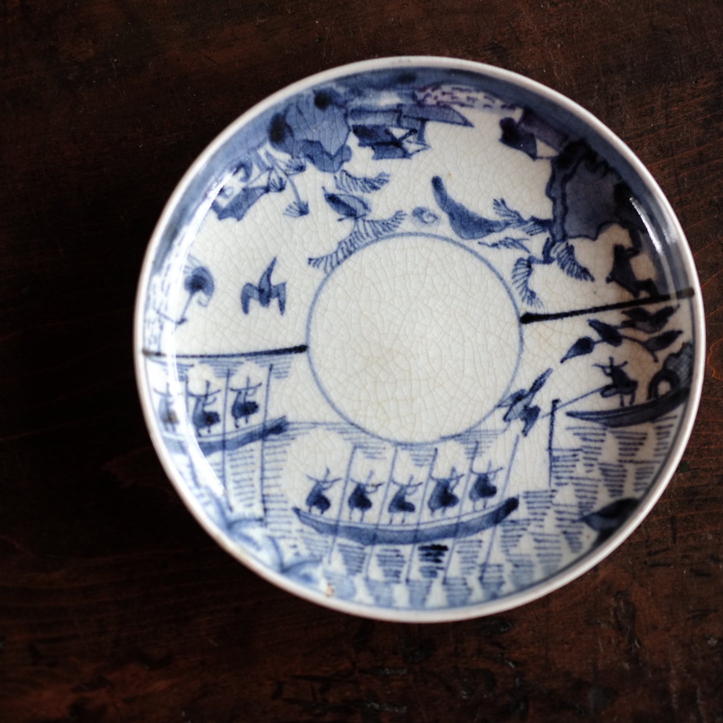 古伊万里　染付　山水鳥舟図　5.5寸皿　平皿　(江戸中期-18世紀末)