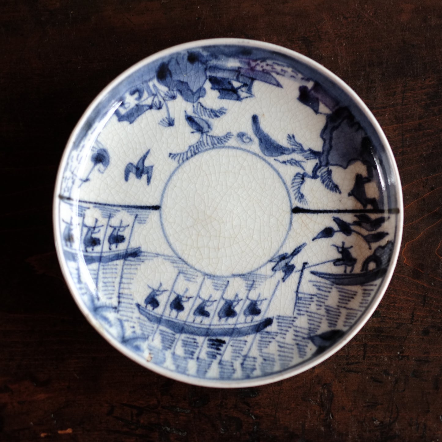 古伊万里　染付　山水鳥舟図　5.5寸皿　平皿　(江戸中期-18世紀末)