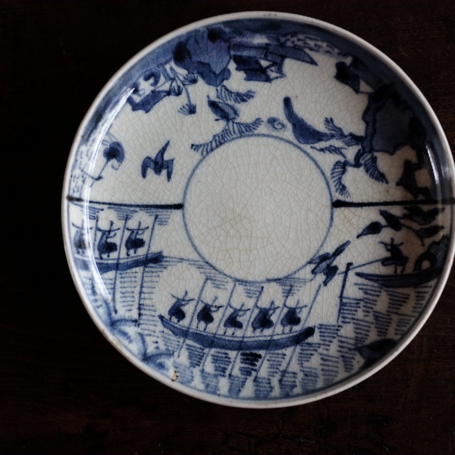 古伊万里　染付　山水鳥舟図　5.5寸皿　平皿　(江戸中期-18世紀末)