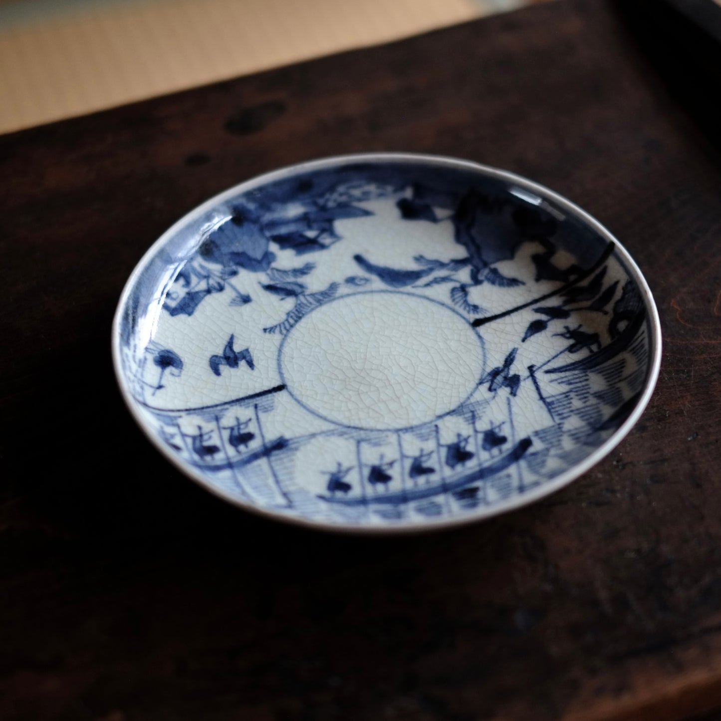 古伊万里　染付　山水鳥舟図　5.5寸皿　平皿　(江戸中期-18世紀末)