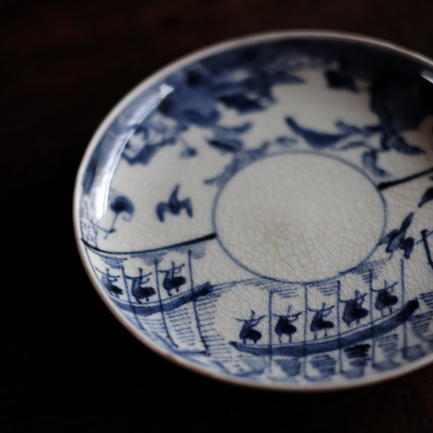 古伊万里　染付　山水鳥舟図　5.5寸皿　平皿　(江戸中期-18世紀末)