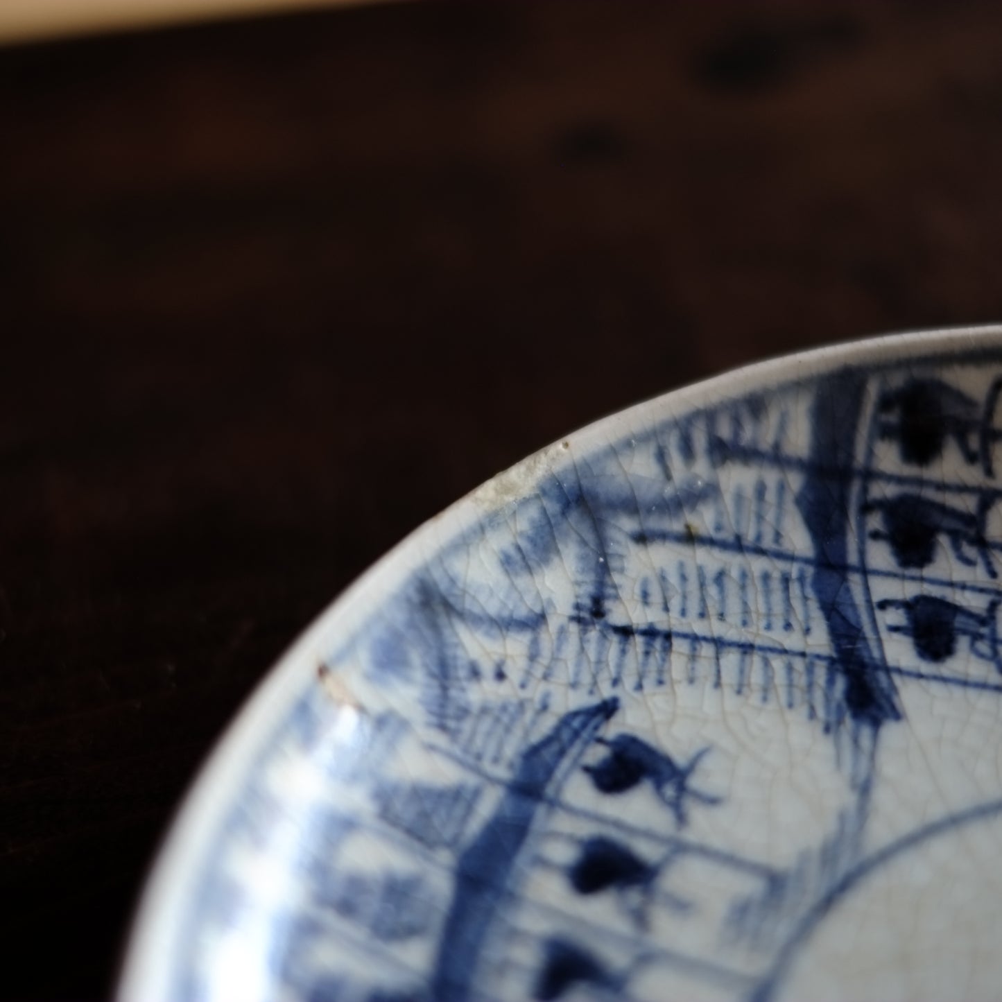 古伊万里　染付　山水鳥舟図　5.5寸皿　平皿　(江戸中期-18世紀末)