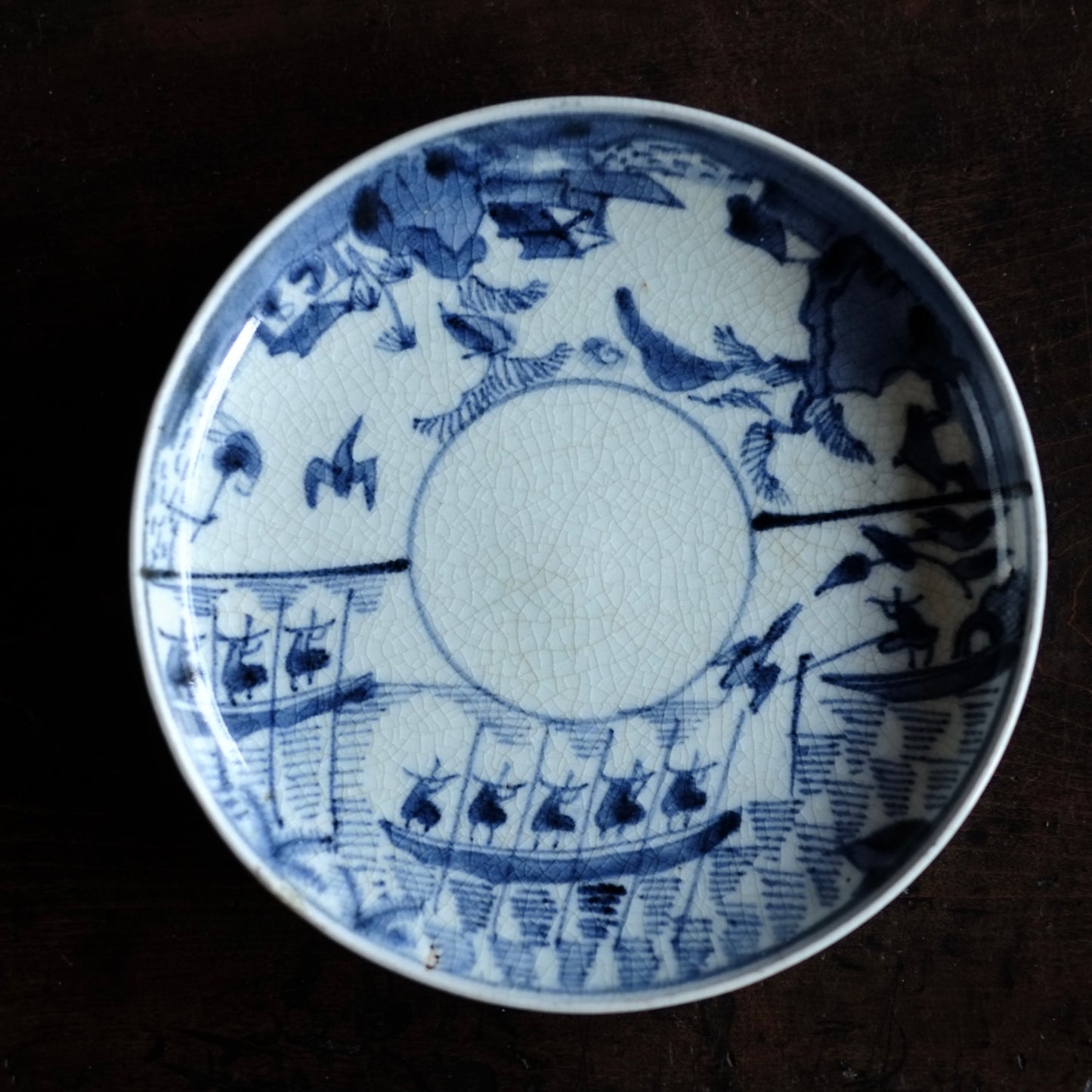 古伊万里　染付　山水鳥舟図　5.5寸皿　平皿　(江戸中期-18世紀末)