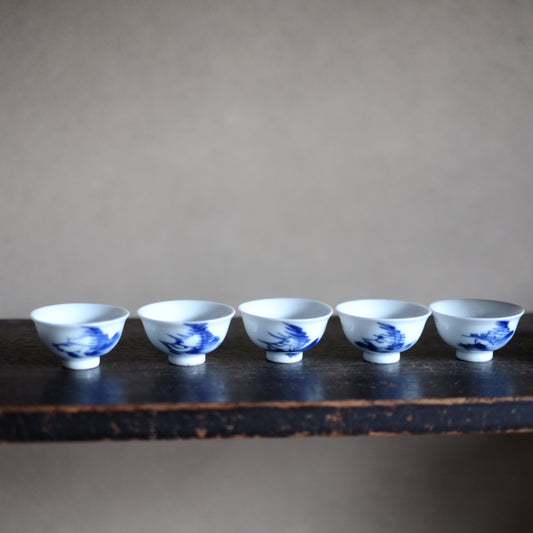 時代 竹編籠 染付茶杯 五客揃付 B