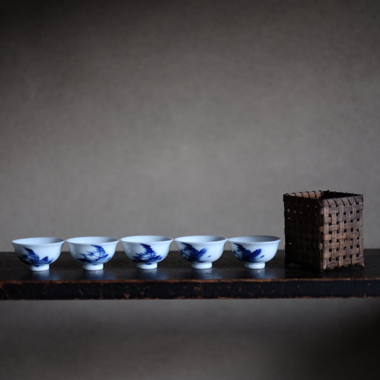 時代 竹編籠 染付茶杯 五客揃付 A