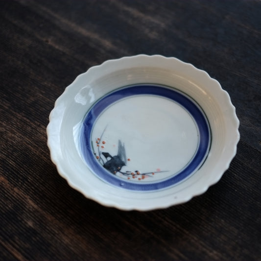 時代 輪線粒手梅枝図 輪花平皿 (江戸後期-明治時代)