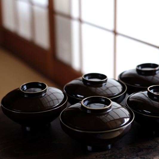 時代　黒漆塗図変内沈金布着　吸物椀　５客揃　(19世紀末　幕末-明治中期)