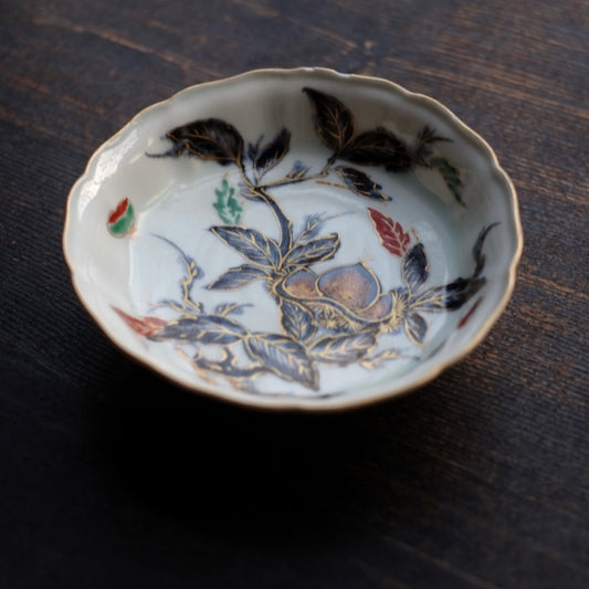 時代 栗図色絵金蘭手 輪花膾皿 (江戸時代)