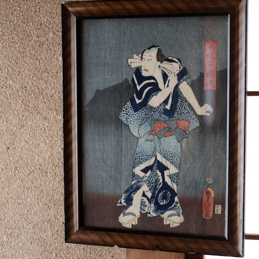 時代　　三代目豊国(歌川国貞)歌舞伎絵浮世絵　手刷木版画　額装(江戸時代)