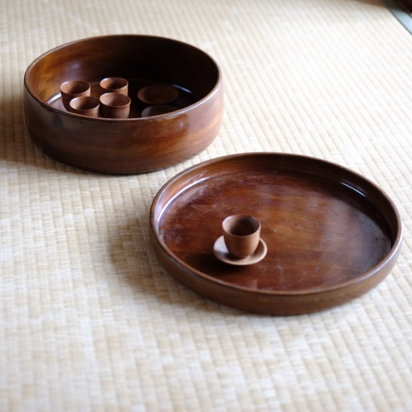 時代　拭漆茶櫃・煎茶盆　(昭和期)