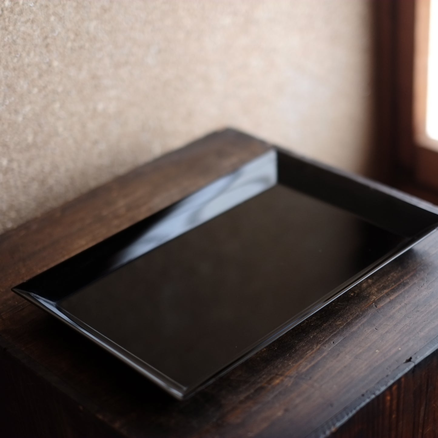 時代　黒漆真塗 裏総梨地 長角盆 対　大・小セット(19–20世紀)