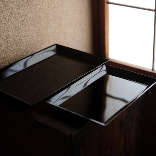 時代 黒漆真塗 裏総梨地 長角盆 対 大・小セット(19–20世紀)