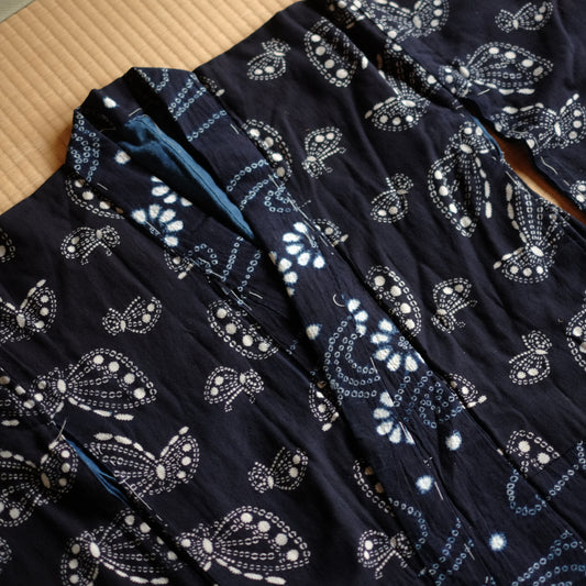 時代 浅舞・横手絞り 藍染木綿着物 仕付糸付(明治期頃)