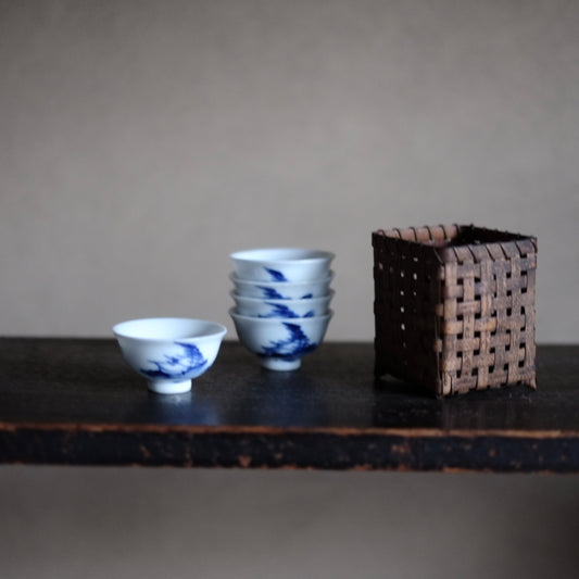 時代 竹編籠 染付茶杯 五客揃付 A