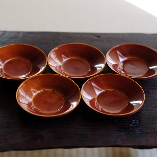 未使用保管品 時代 黄春慶塗 茶托 5客揃 (大正〜昭和初期頃)