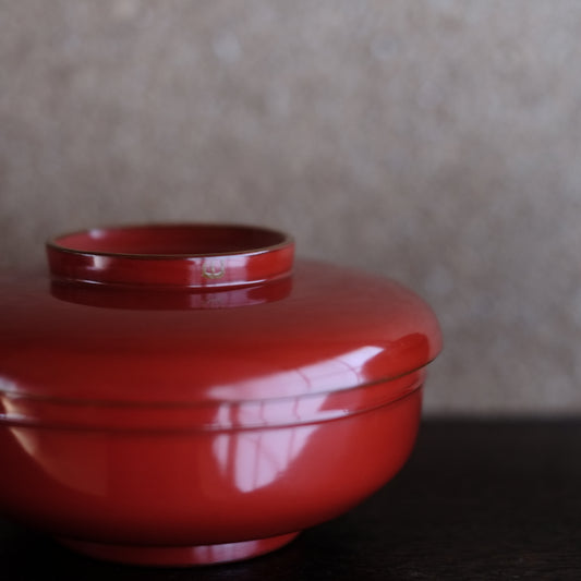 時代　輪島塗　縁金皆朱底黒　蓋付平椀(明治-大正)