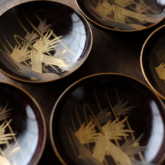 時代 八つ橋図金蒔絵 縁金溜塗 菓子皿 5客セット (明治期頃)