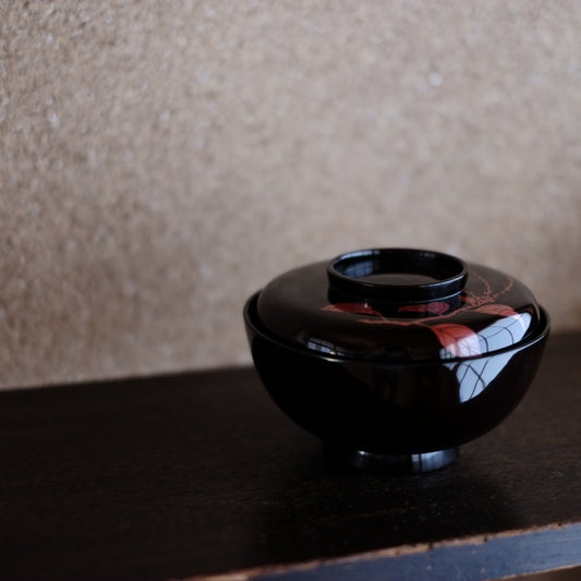時代　水引草図　赤絵漆蓋付椀　(明治期頃)