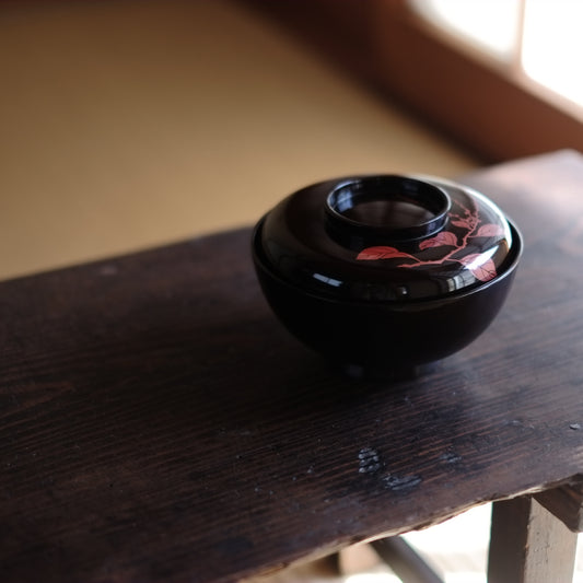 時代 水引草図 赤絵漆蓋付椀 (明治期頃)