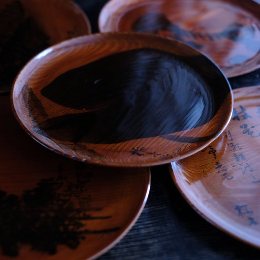 飛騨春慶塗 銘々墨絵箱根盆 5客揃 共紙時代箱付 乾梅亭合作(明治時代)