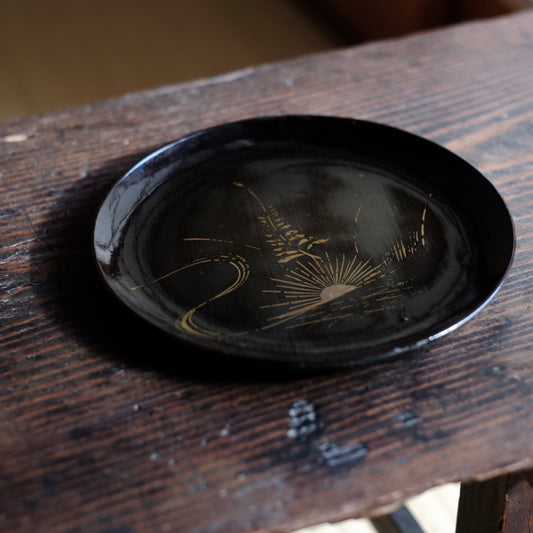 時代 浄法寺塗 流水草文漆絵平皿(江戸時代)