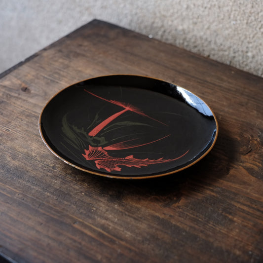 時代 浄法寺塗底青漆 薊図 絵漆絵平皿(江戸後期-明治初期)