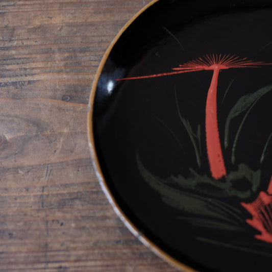 時代 浄法寺塗底青漆 薊図 絵漆絵平皿(江戸後期-明治初期)