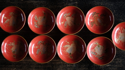 時代会津塗 縁金皆朱塗 老松鶴亀文蒔絵 酒盃 小皿 (明治時代)