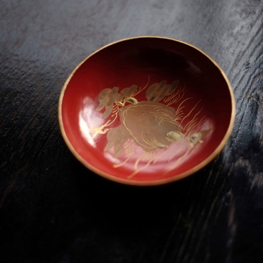 時代会津塗 縁金皆朱塗 老松鶴亀文蒔絵 酒盃 小皿 (明治時代)